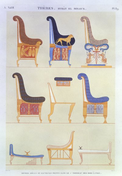 Illustrations de divers sièges et fauteuils peints de la 5e tombe des rois à l